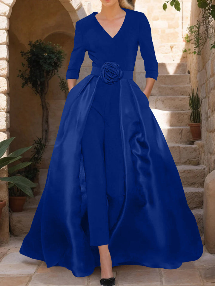 V-Neck 3/4 Sleeves Mother of the Bride Jumpsuit with Flower Belt