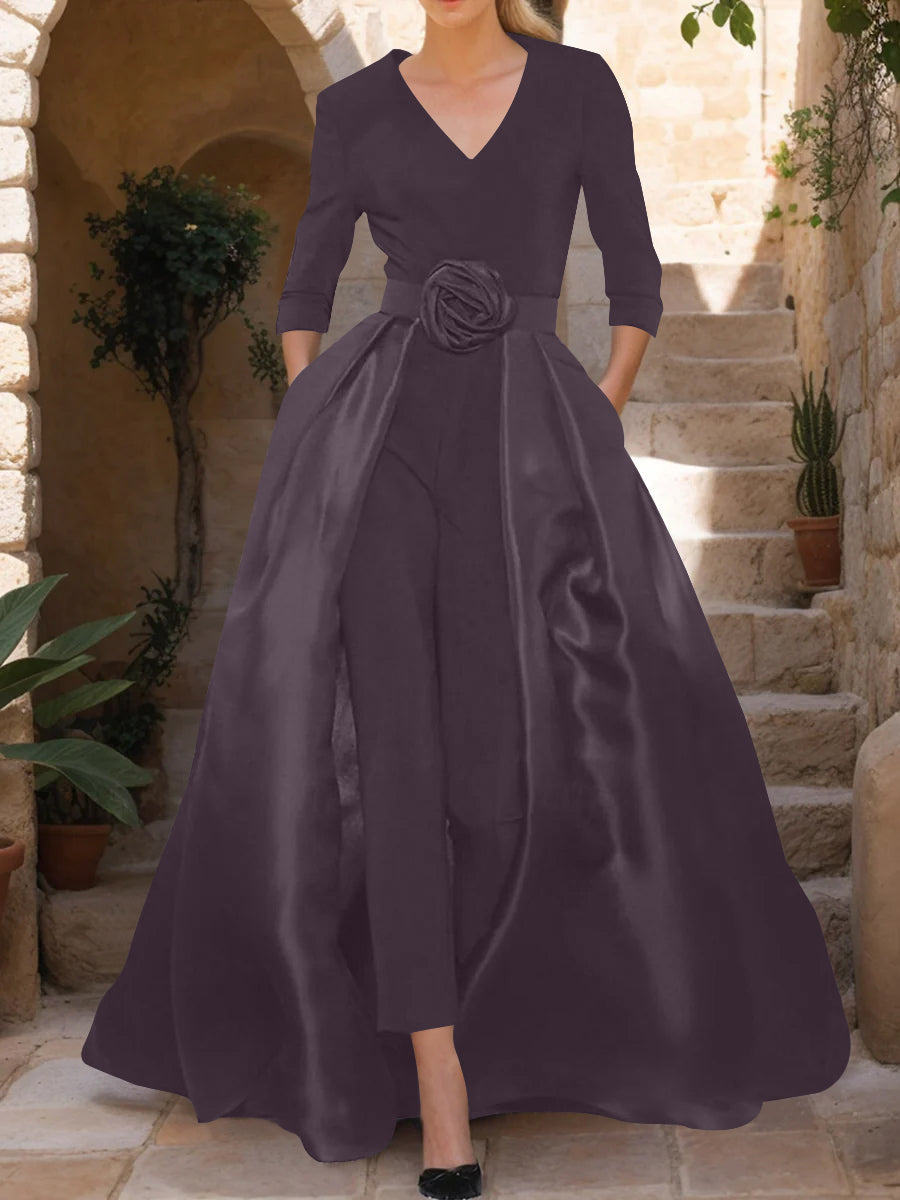 V-Neck 3/4 Sleeves Mother of the Bride Jumpsuit with Flower Belt