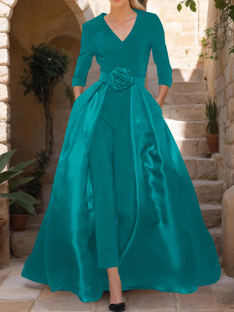 V-Neck 3/4 Sleeves Mother of the Bride Jumpsuit with Flower Belt