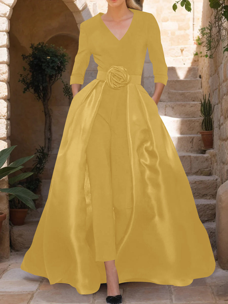 V-Neck 3/4 Sleeves Mother of the Bride Jumpsuit with Flower Belt