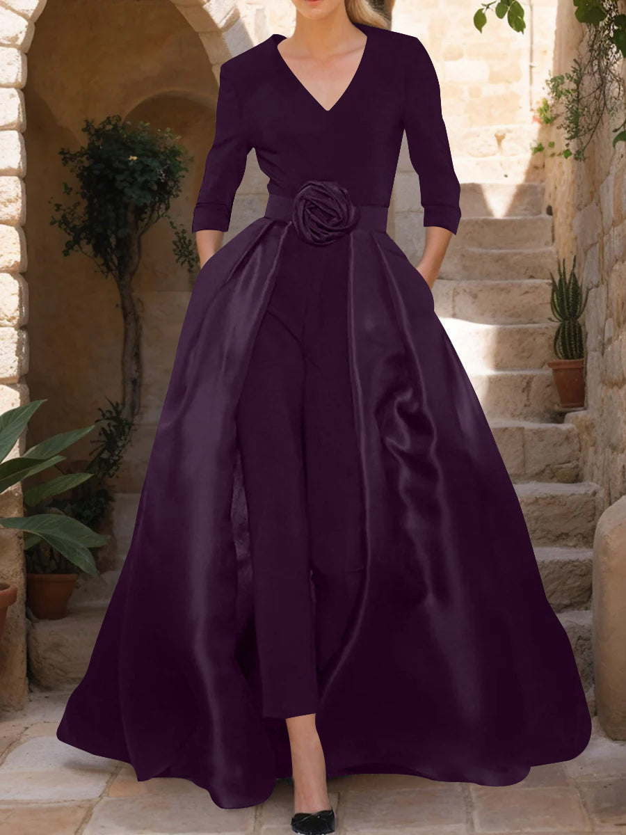 V-Neck 3/4 Sleeves Mother of the Bride Jumpsuit with Flower Belt
