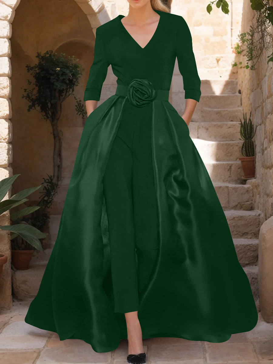 V-Neck 3/4 Sleeves Mother of the Bride Jumpsuit with Flower Belt