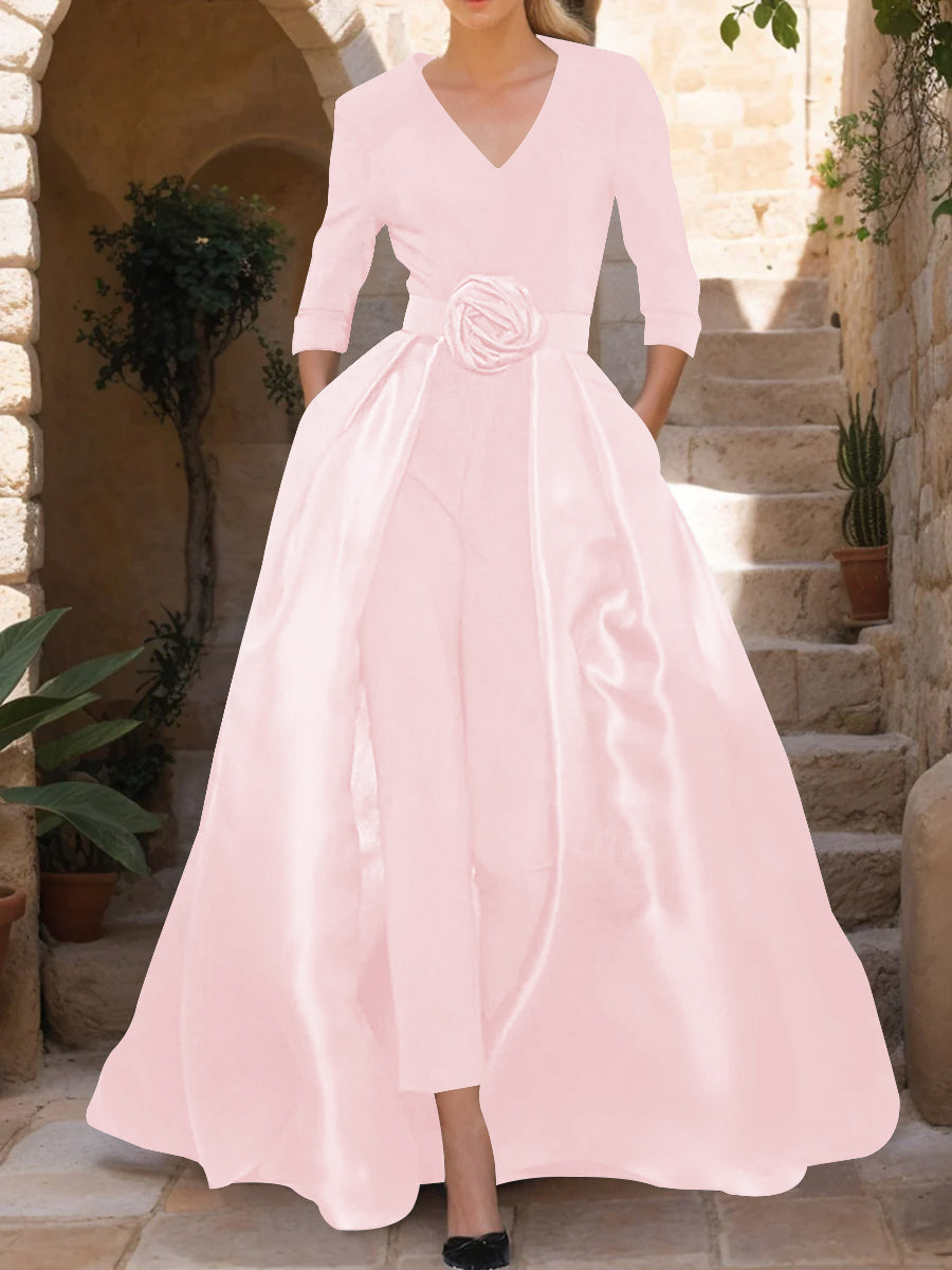 V-Neck 3/4 Sleeves Mother of the Bride Jumpsuit with Flower Belt