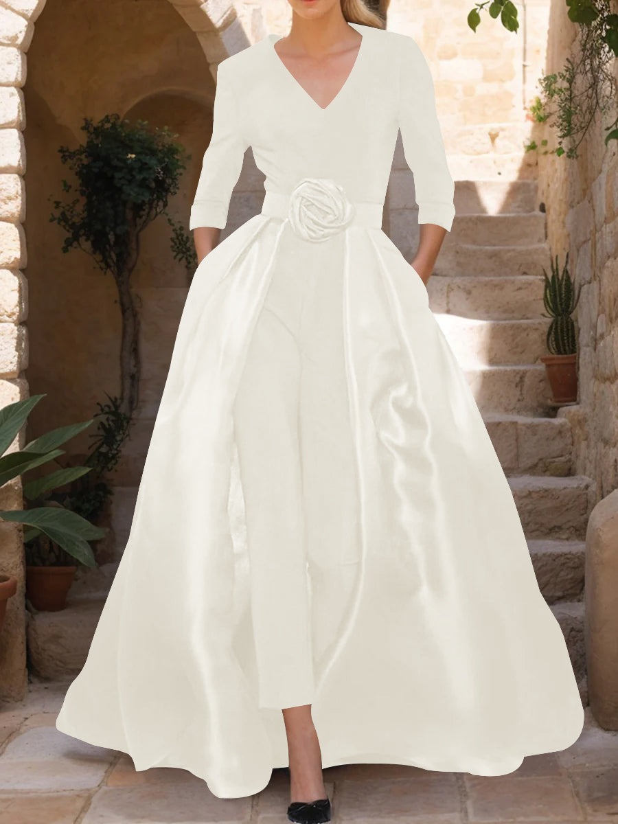 V-Neck 3/4 Sleeves Mother of the Bride Jumpsuit with Flower Belt