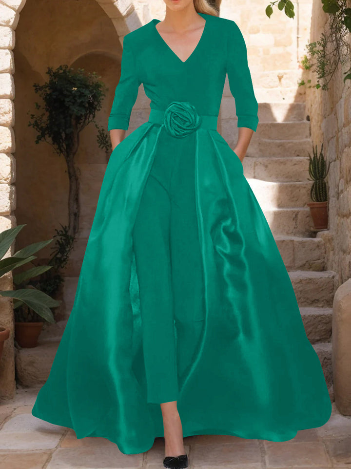 V-Neck 3/4 Sleeves Mother of the Bride Jumpsuit with Flower Belt