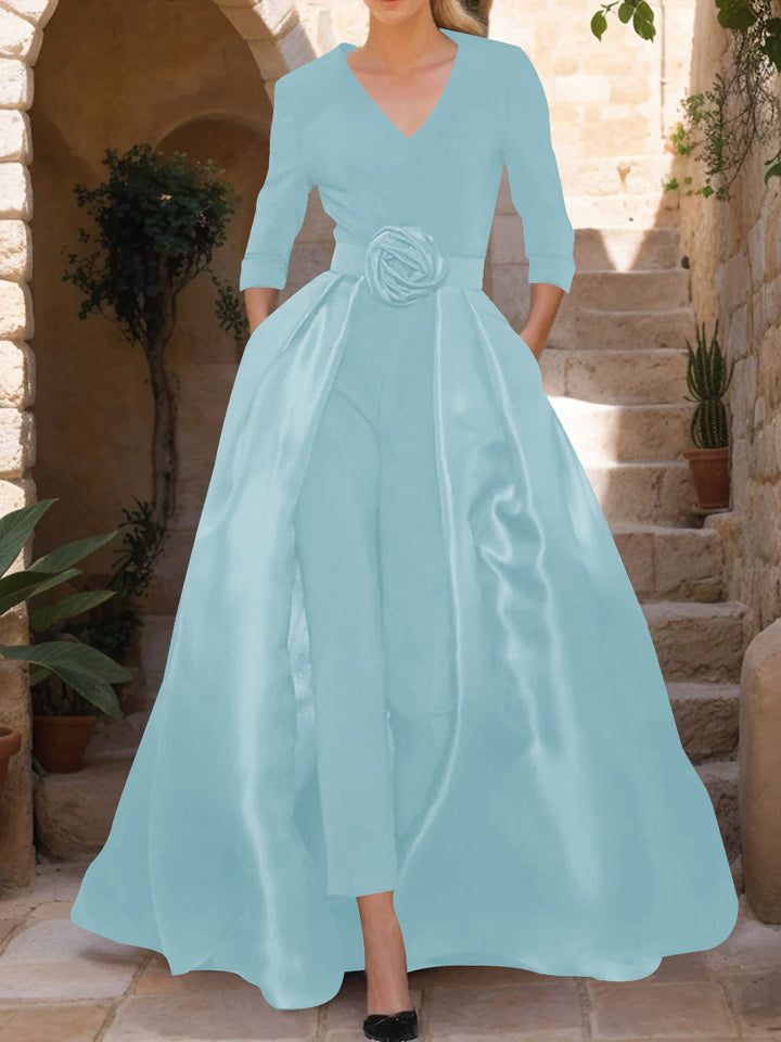 V-Neck 3/4 Sleeves Mother of the Bride Jumpsuit with Flower Belt
