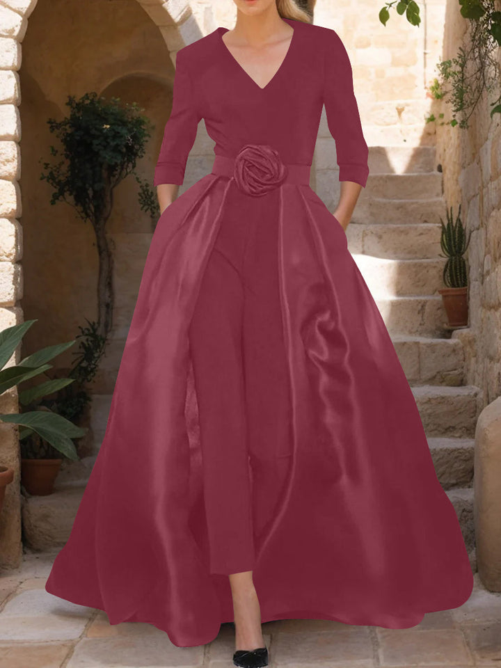 V-Neck 3/4 Sleeves Mother of the Bride Jumpsuit with Flower Belt
