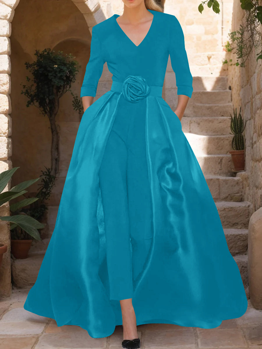 V-Neck 3/4 Sleeves Mother of the Bride Jumpsuit with Flower Belt