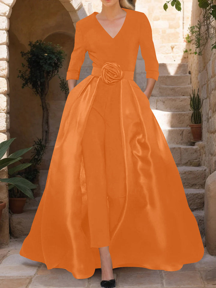 V-Neck 3/4 Sleeves Mother of the Bride Jumpsuit with Flower Belt