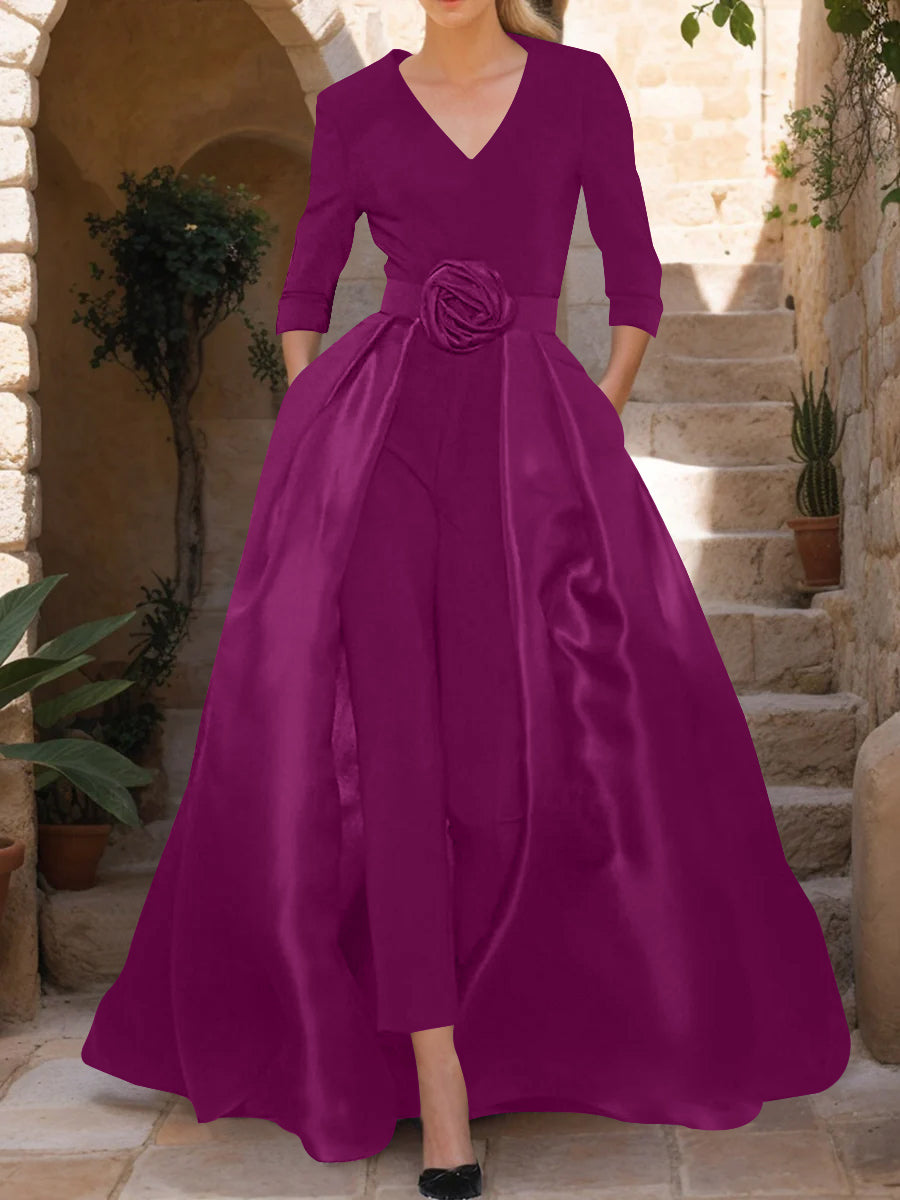 V-Neck 3/4 Sleeves Mother of the Bride Jumpsuit with Flower Belt