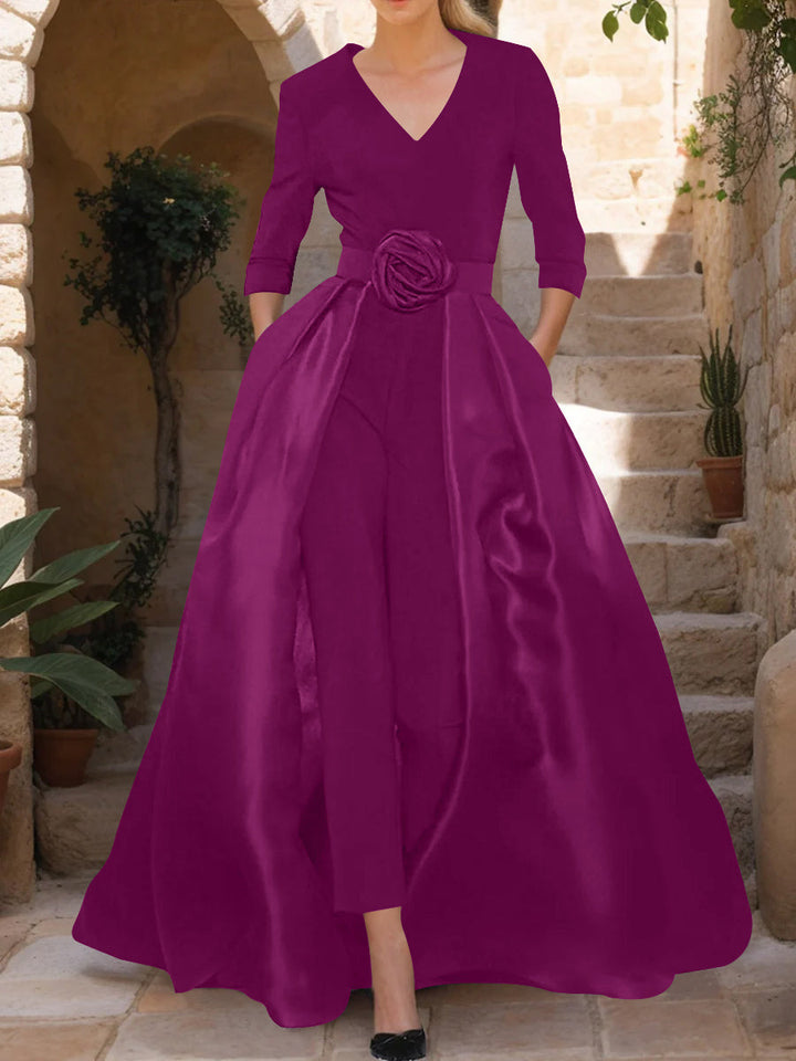 V-Neck 3/4 Sleeves Mother of the Bride Jumpsuit with Flower Belt