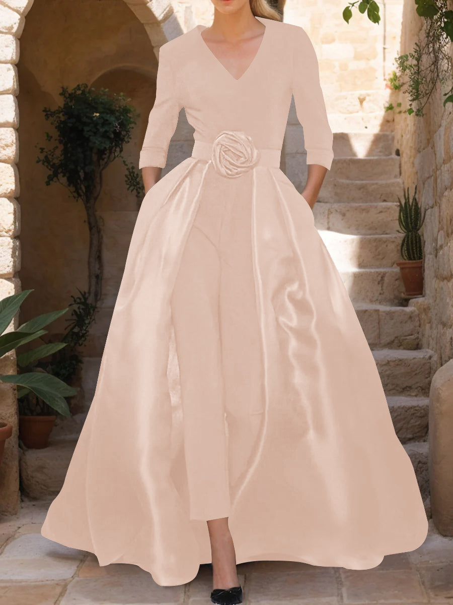 V-Neck 3/4 Sleeves Mother of the Bride Jumpsuit with Flower Belt