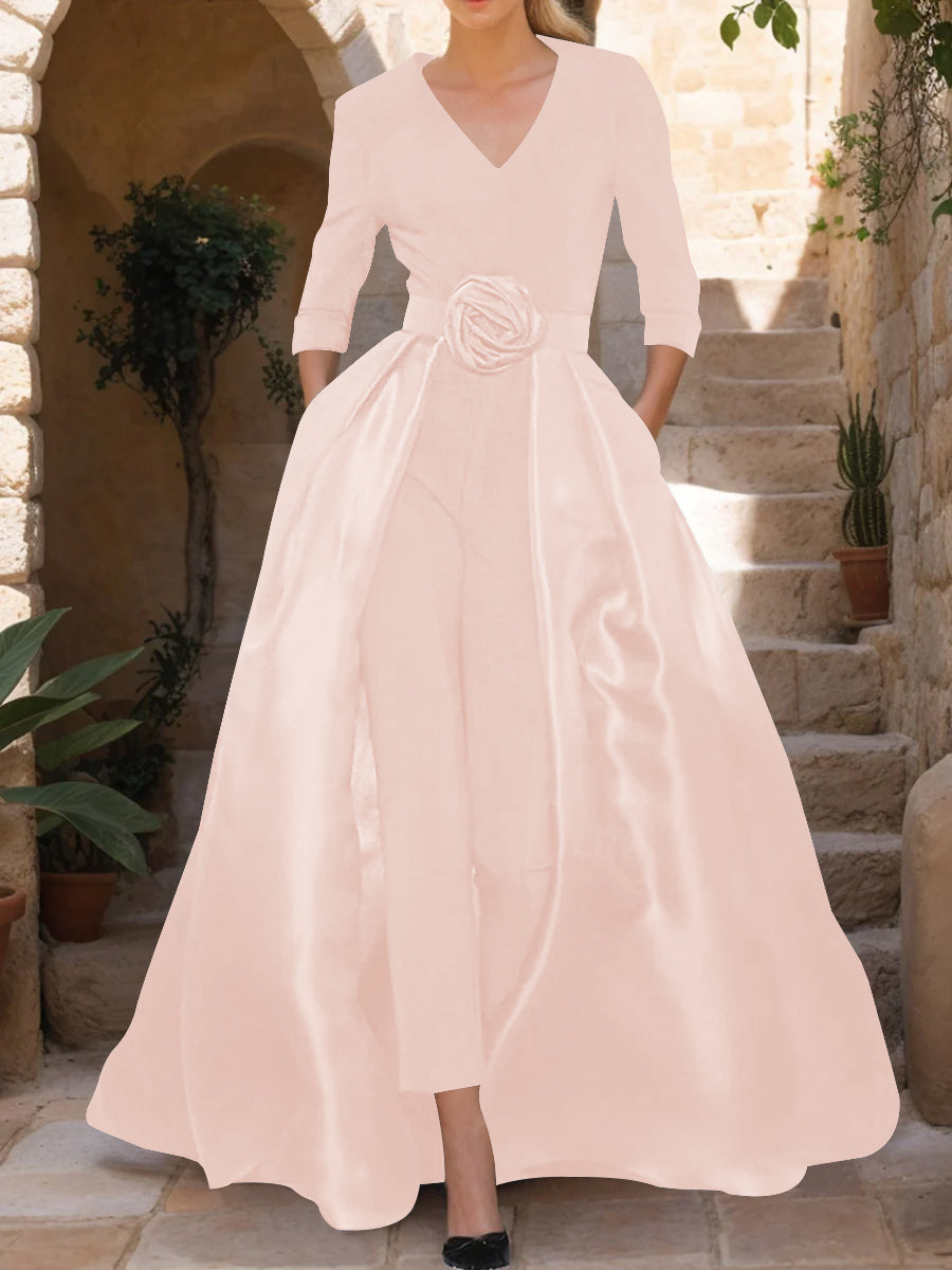 V-Neck 3/4 Sleeves Mother of the Bride Jumpsuit with Flower Belt