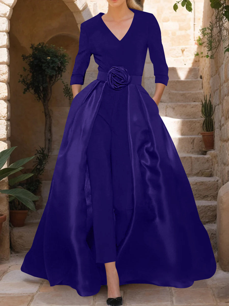 V-Neck 3/4 Sleeves Mother of the Bride Jumpsuit with Flower Belt