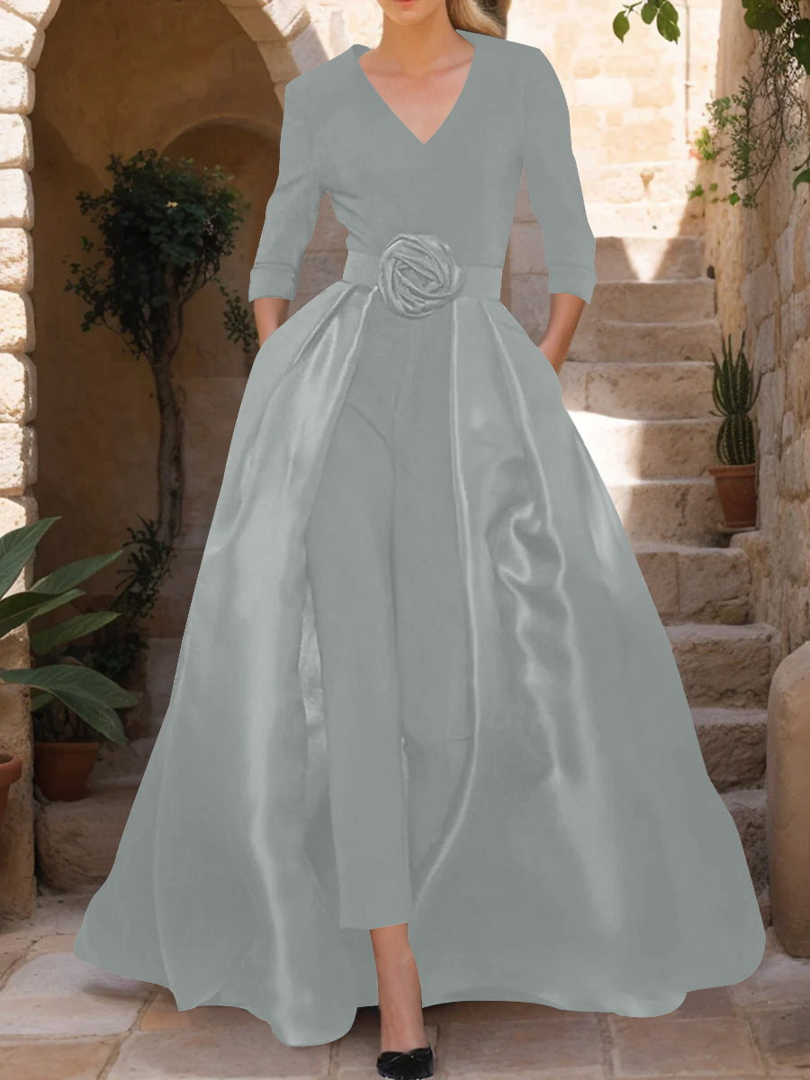 V-Neck 3/4 Sleeves Mother of the Bride Jumpsuit with Flower Belt