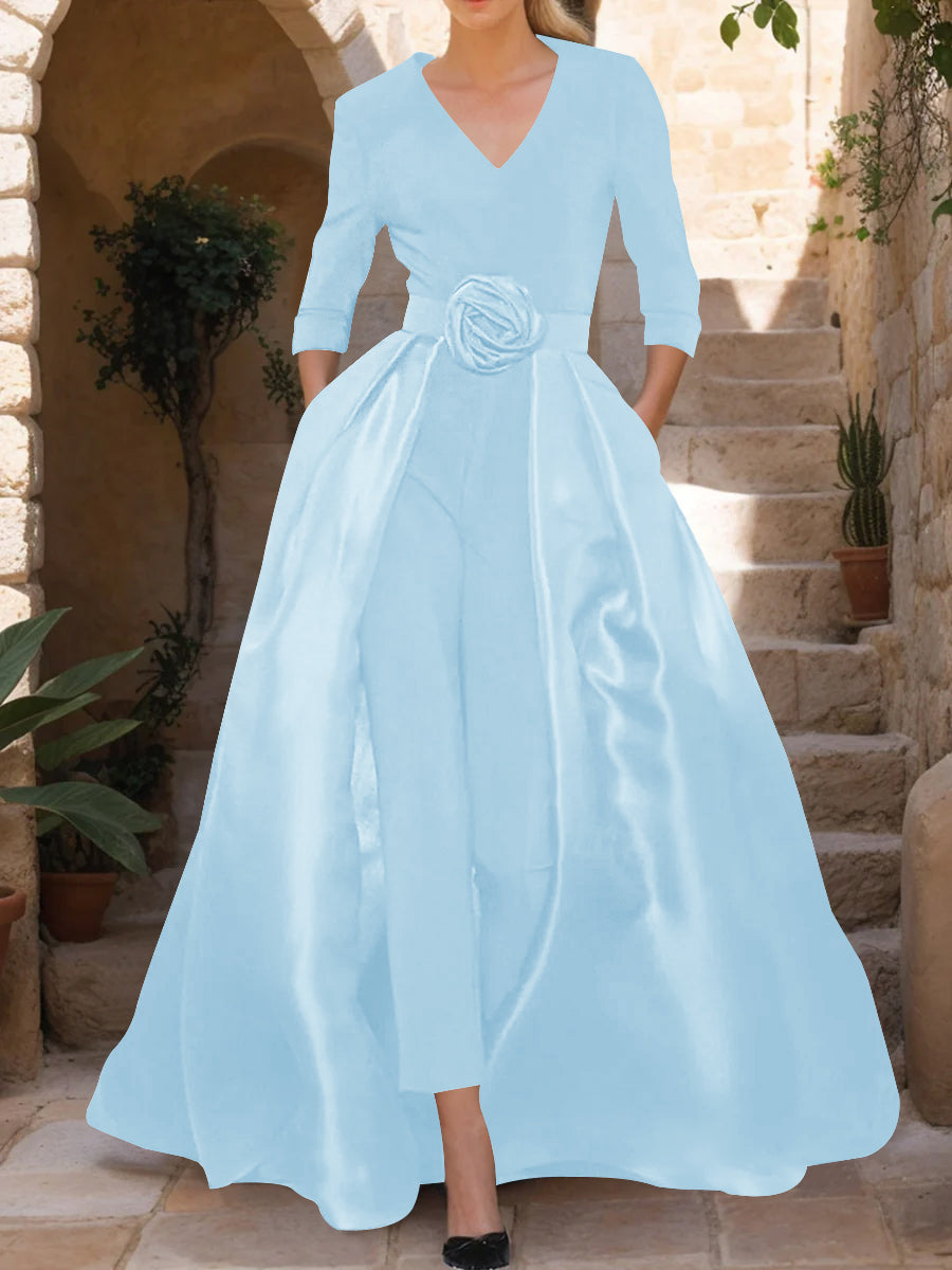 V-Neck 3/4 Sleeves Mother of the Bride Jumpsuit with Flower Belt