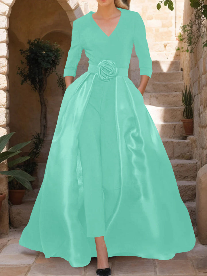 V-Neck 3/4 Sleeves Mother of the Bride Jumpsuit with Flower Belt