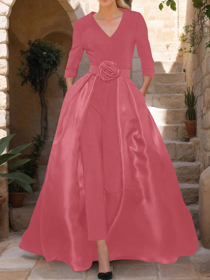 V-Neck 3/4 Sleeves Mother of the Bride Jumpsuit with Flower Belt