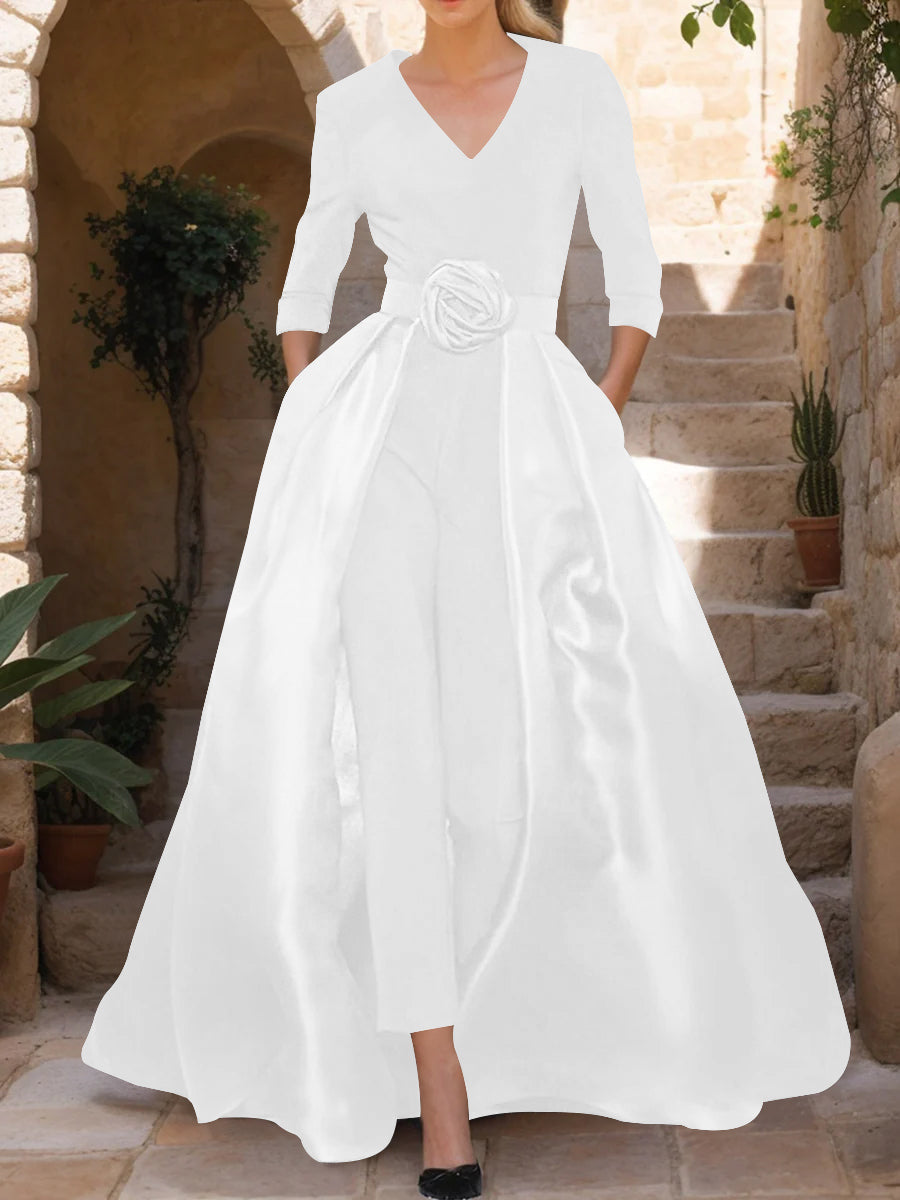 V-Neck 3/4 Sleeves Mother of the Bride Jumpsuit with Flower Belt