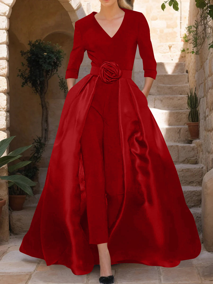 V-Neck 3/4 Sleeves Mother of the Bride Jumpsuit with Flower Belt