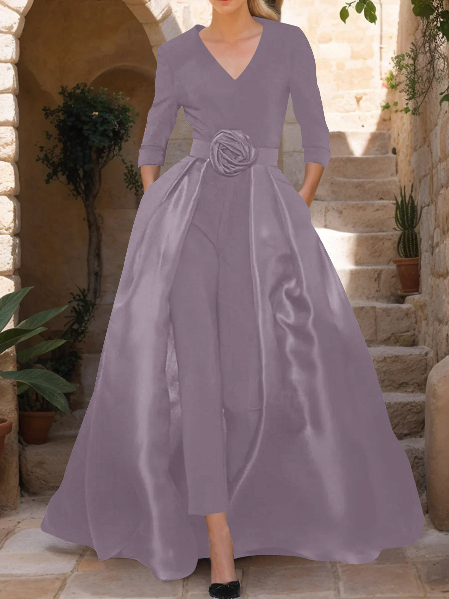 V-Neck 3/4 Sleeves Mother of the Bride Jumpsuit with Flower Belt