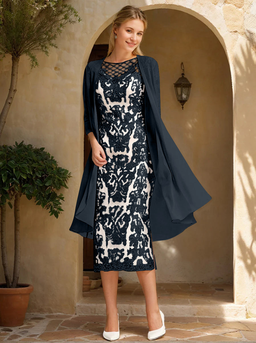 Two Pieces Sheath/Column Jewel Neck Mother of the Bride & Groom Dresses with Lace Appliques & Beadings