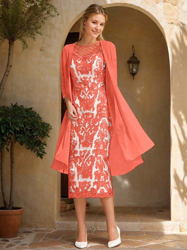 Two Pieces Sheath/Column Jewel Neck Mother of the Bride & Groom Dresses with Lace Appliques & Beadings