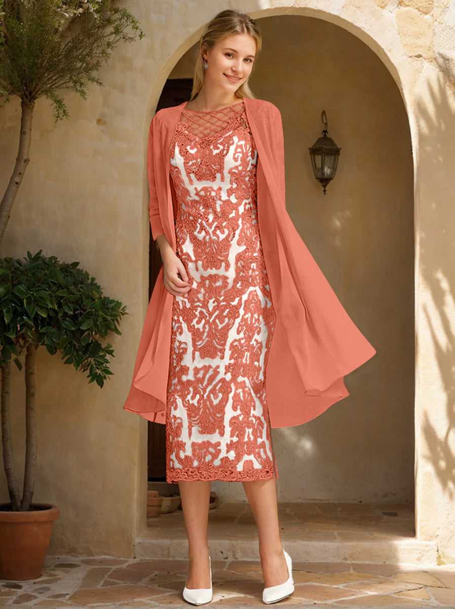 Two Pieces Sheath/Column Jewel Neck Mother of the Bride & Groom Dresses with Lace Appliques & Beadings