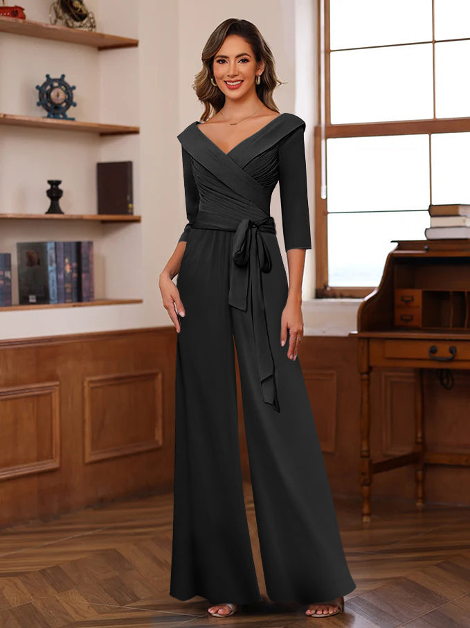 Ruched Chiffon V-Neck 3/4 Sleeves Mother of the Jumpsuit
