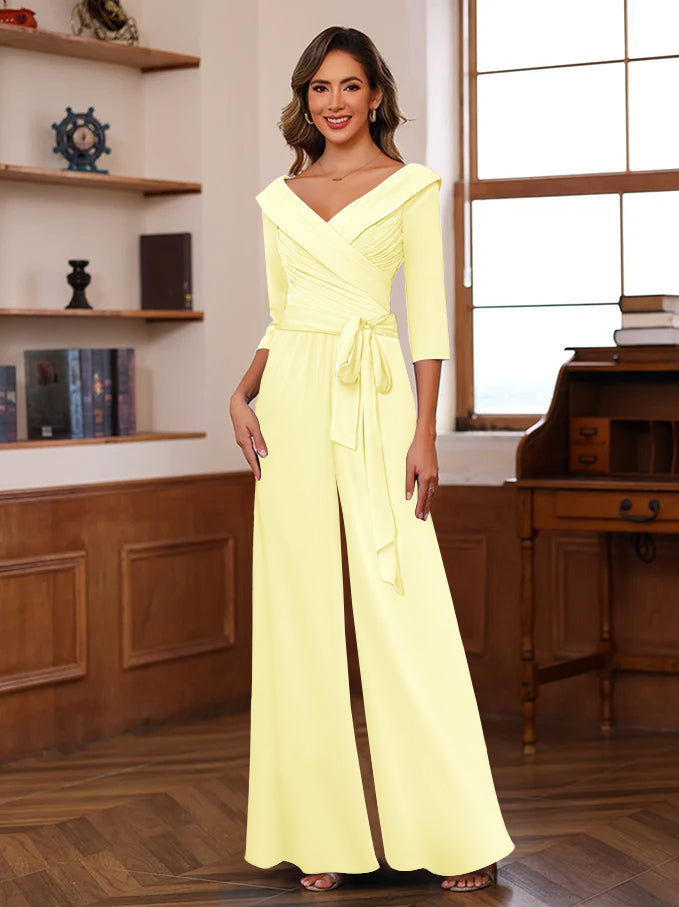 Ruched Chiffon V-Neck 3/4 Sleeves Mother of the Jumpsuit