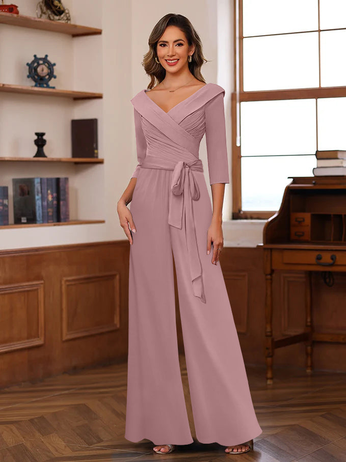 Ruched Chiffon V-Neck 3/4 Sleeves Mother of the Jumpsuit
