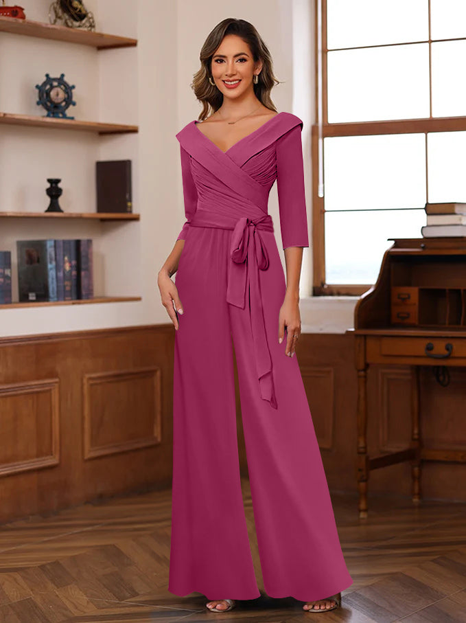 Ruched Chiffon V-Neck 3/4 Sleeves Mother of the Jumpsuit
