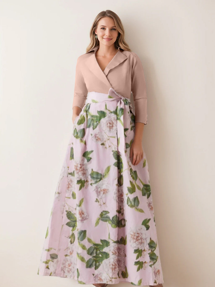 A-Line/Princess V-Neck 3/4 Sleeves Printed Floral Mother of the Bride Dresses with Bow Belt
