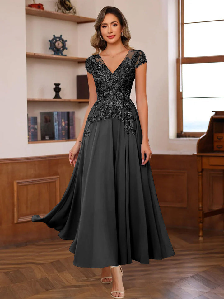 A-Line V-Neck Short Sleeves Ankle-Length Mother of the Bride Dresses with Lace Appliques