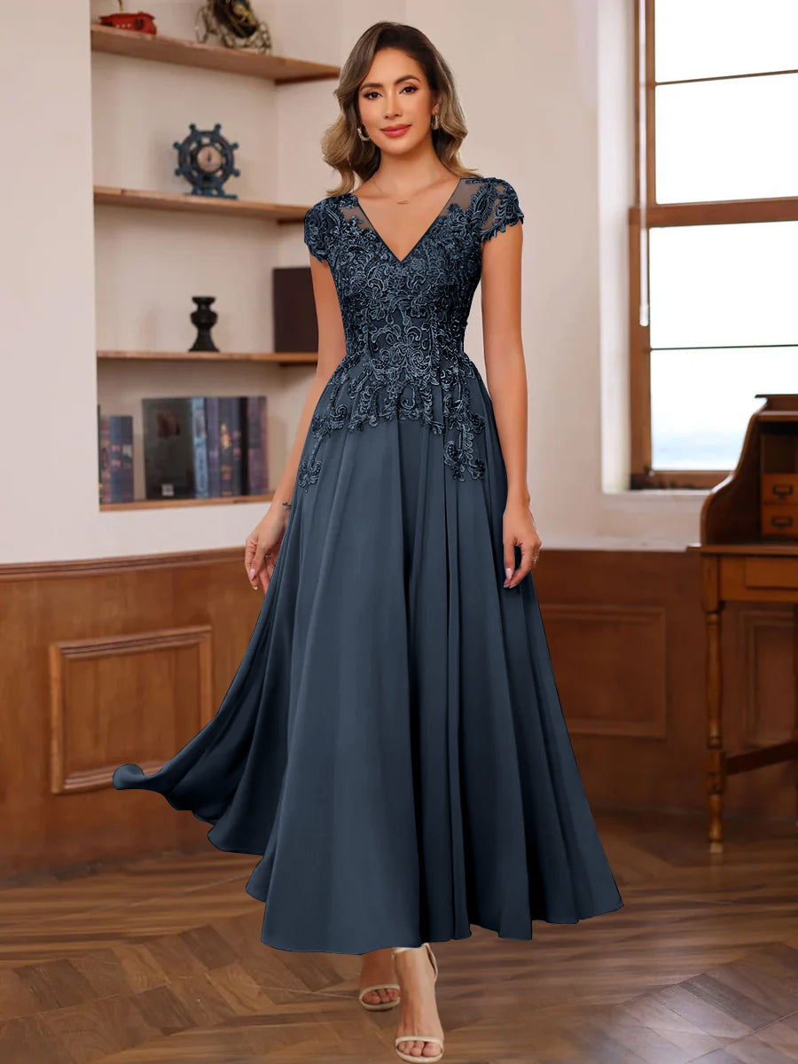 A-Line V-Neck Short Sleeves Ankle-Length Mother of the Bride Dresses with Lace Appliques