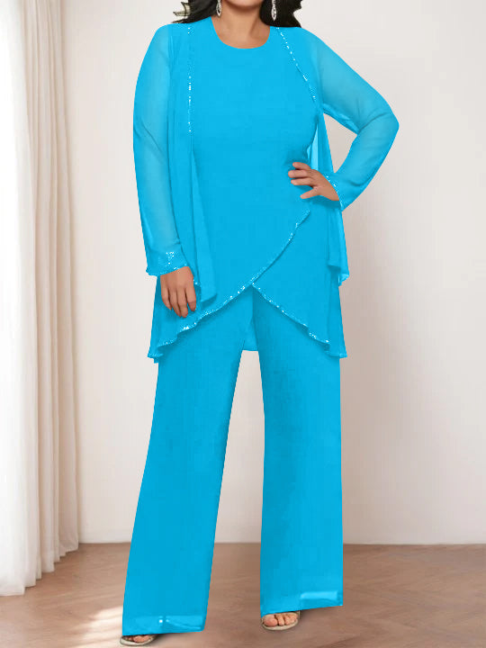Chiffon Round Neck Mother of the Bride Pantsuits with Jacket