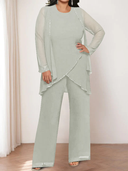 Chiffon Round Neck Mother of the Bride Pantsuits with Jacket