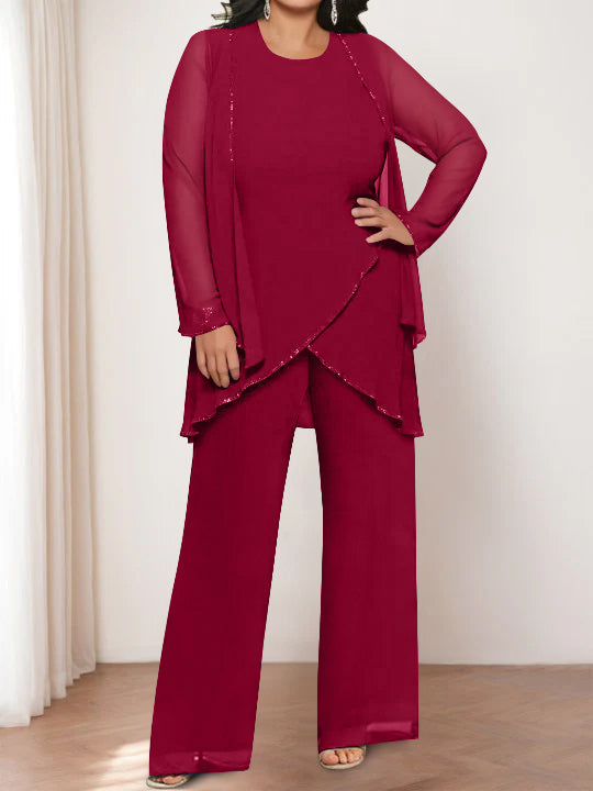 Chiffon Round Neck Mother of the Bride Pantsuits with Jacket