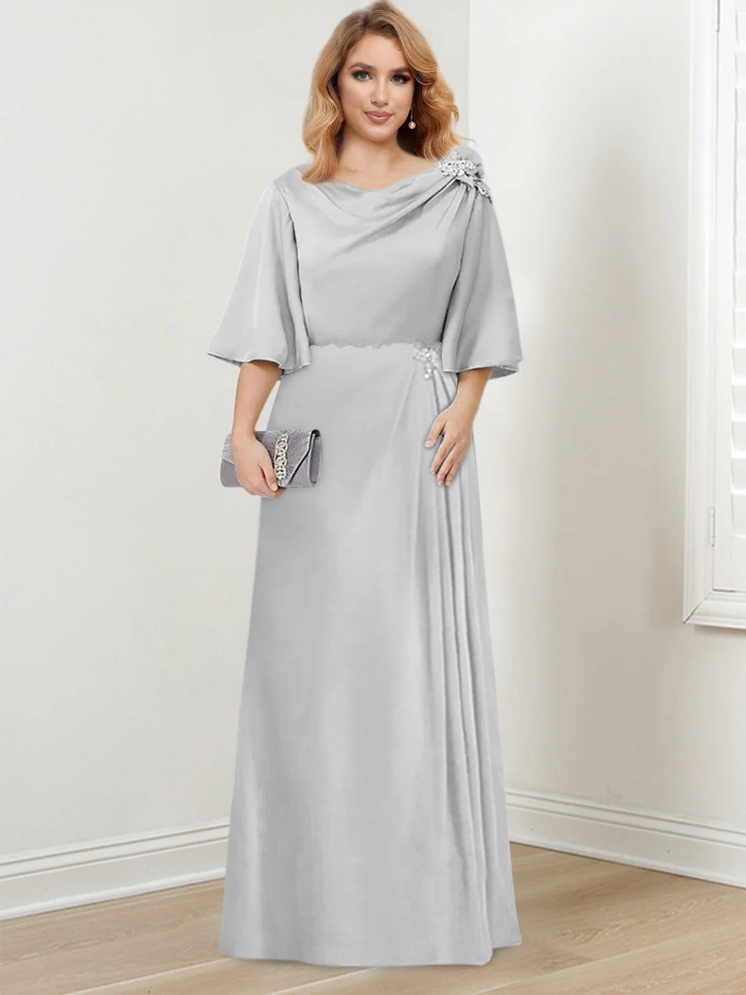 A-Line/Princess Scoop Neck 3/4 Length Sleeves Floor-Length Mother of the Bride Dresses with Ruffles