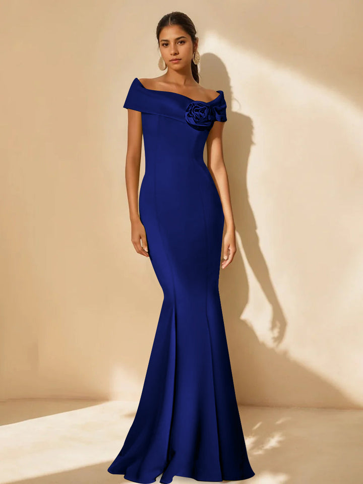 Trumpet/Mermaid Off-the-Shoulder Minimalist Mother of the Bride Dresses with Detachable Flower