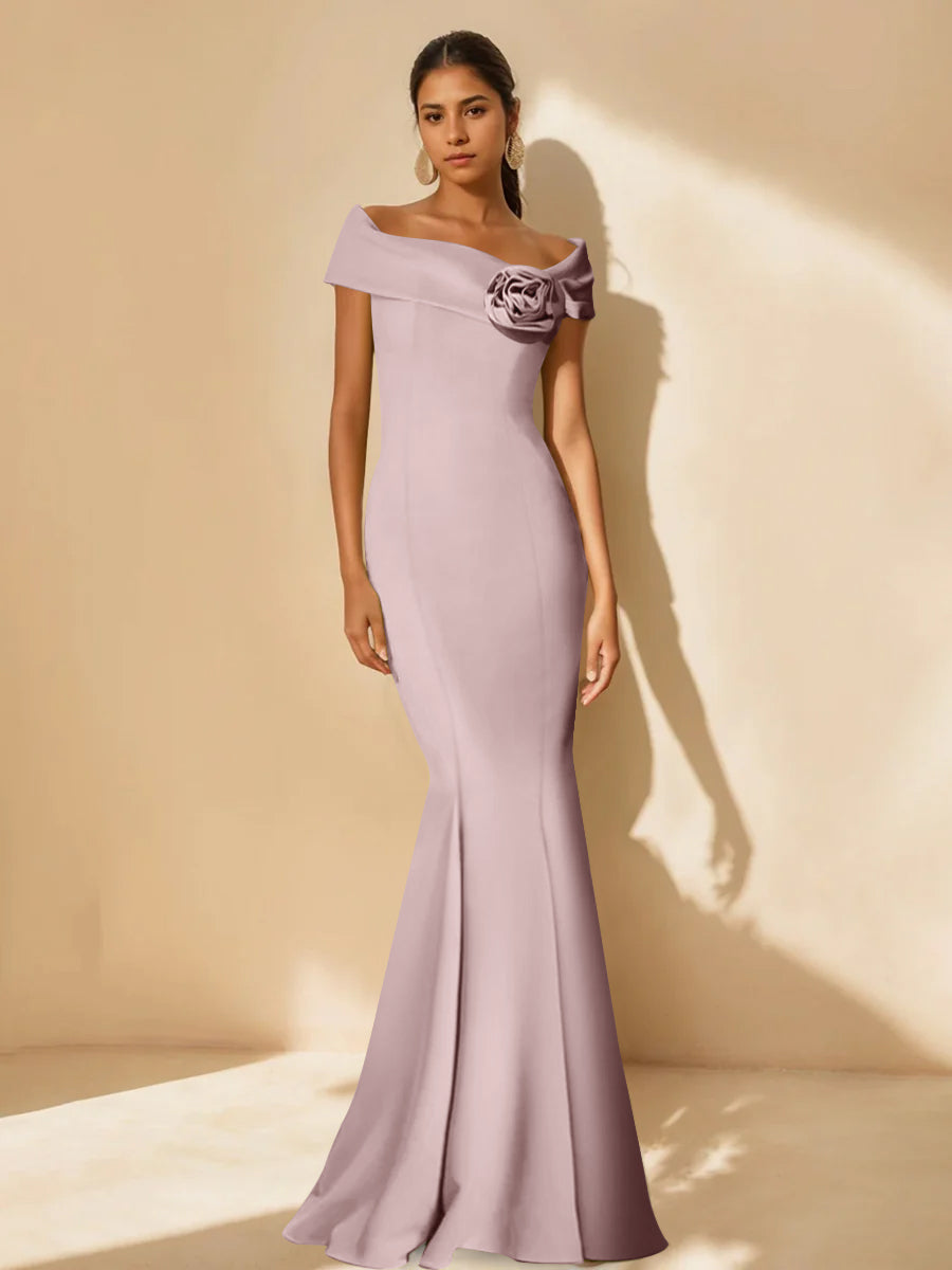 Trumpet/Mermaid Off-the-Shoulder Minimalist Mother of the Bride Dresses with Detachable Flower