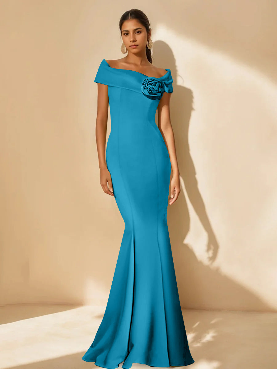 Trumpet/Mermaid Off-the-Shoulder Minimalist Mother of the Bride Dresses with Detachable Flower
