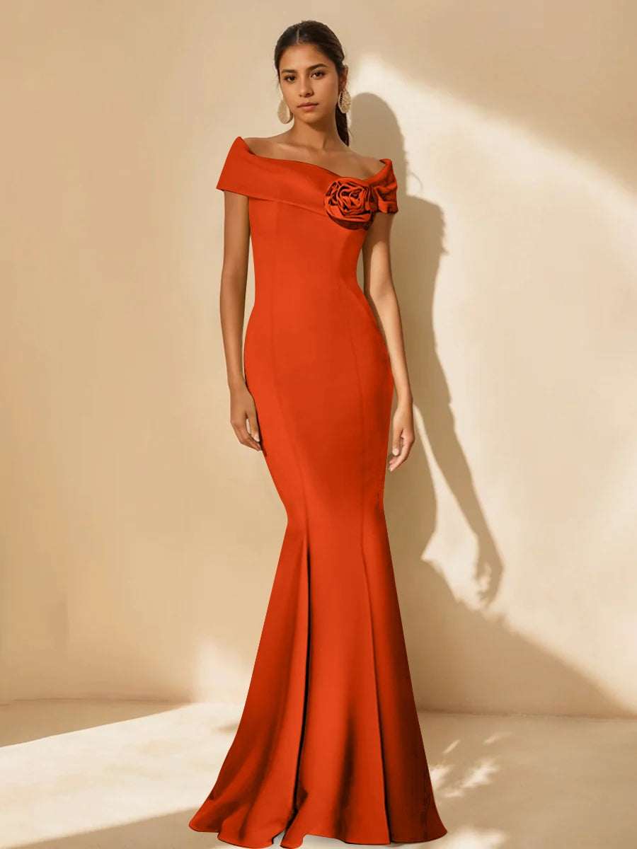 Trumpet/Mermaid Off-the-Shoulder Minimalist Mother of the Bride Dresses with Detachable Flower