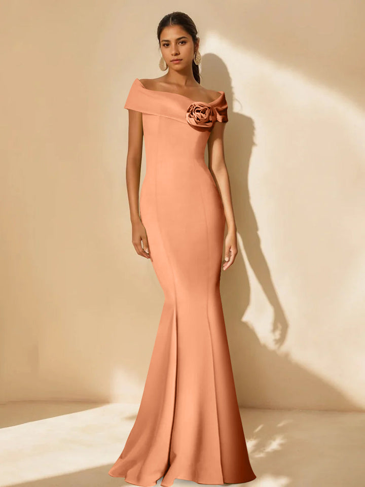 Trumpet/Mermaid Off-the-Shoulder Minimalist Mother of the Bride Dresses with Detachable Flower