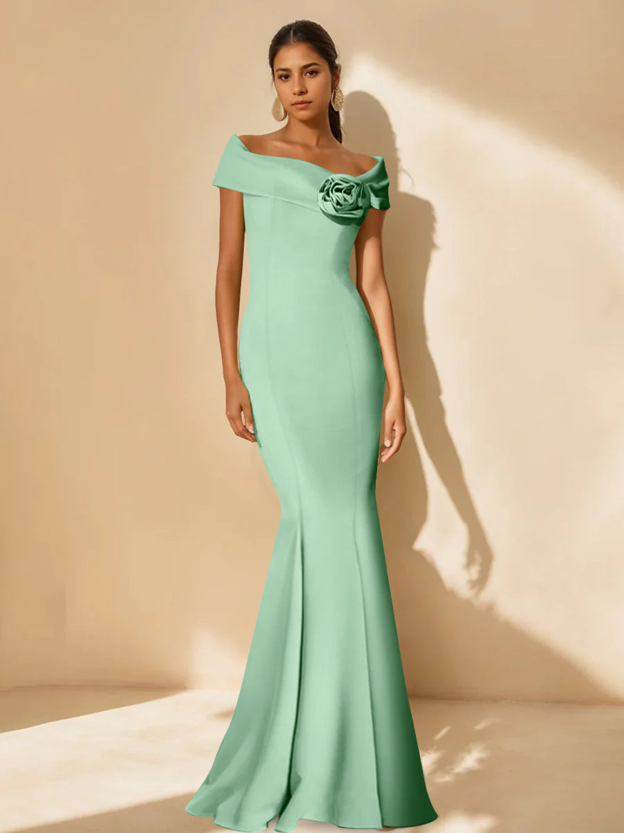 Trumpet/Mermaid Off-the-Shoulder Minimalist Mother of the Bride Dresses with Detachable Flower