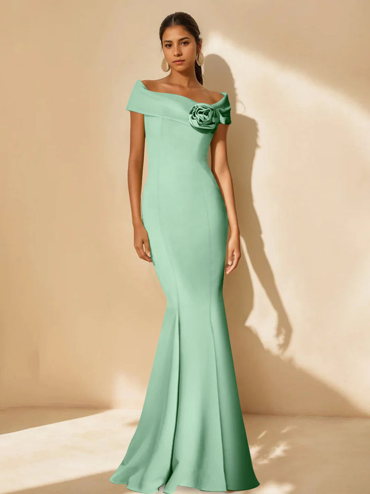 Trumpet/Mermaid Off-the-Shoulder Minimalist Mother of the Bride Dresses with Detachable Flower
