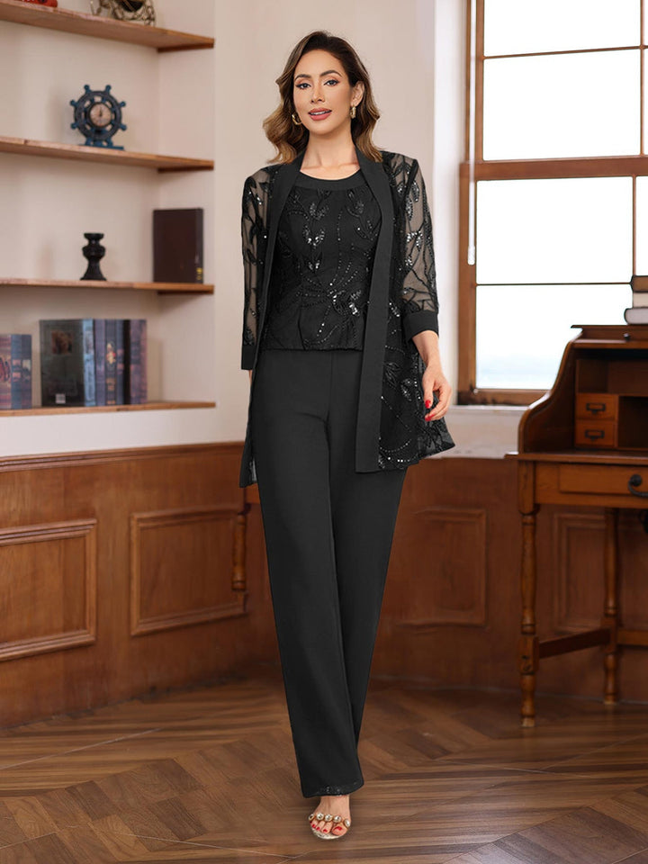3 Pieces Chiffon Round Neck Floor-Length Mother of the Bride Pantsuits with Sequins