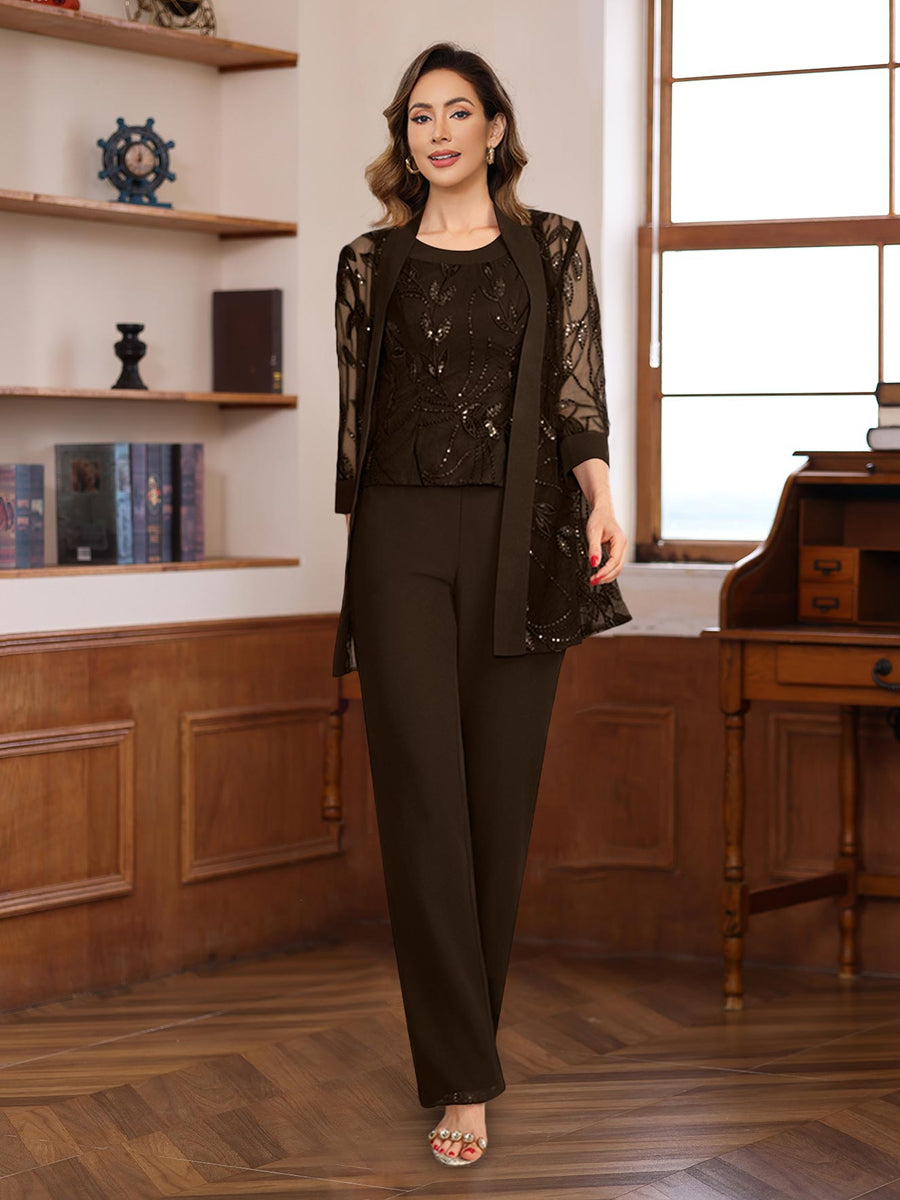 3 Pieces Chiffon Round Neck Floor-Length Mother of the Bride Pantsuits with Sequins