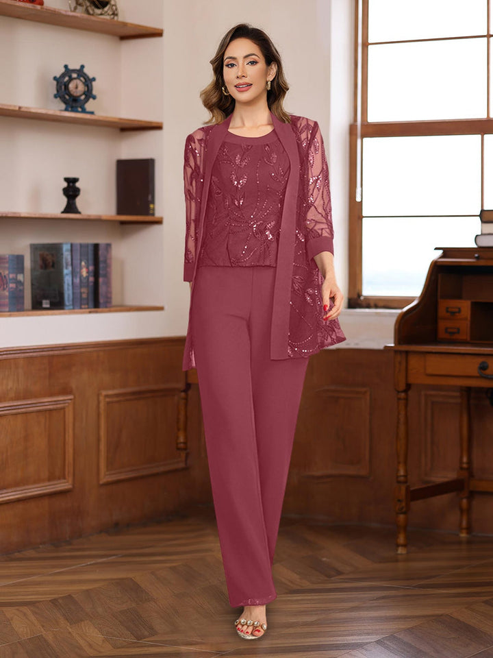 3 Pieces Chiffon Round Neck Floor-Length Mother of the Bride Pantsuits with Sequins