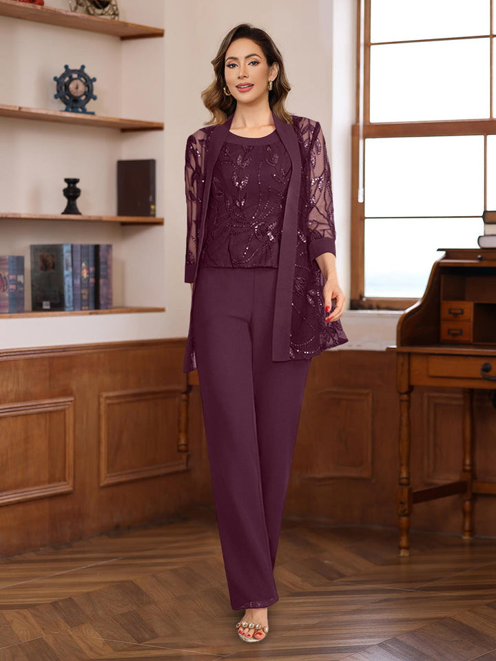 3 Pieces Chiffon Round Neck Floor-Length Mother of the Bride Pantsuits with Sequins